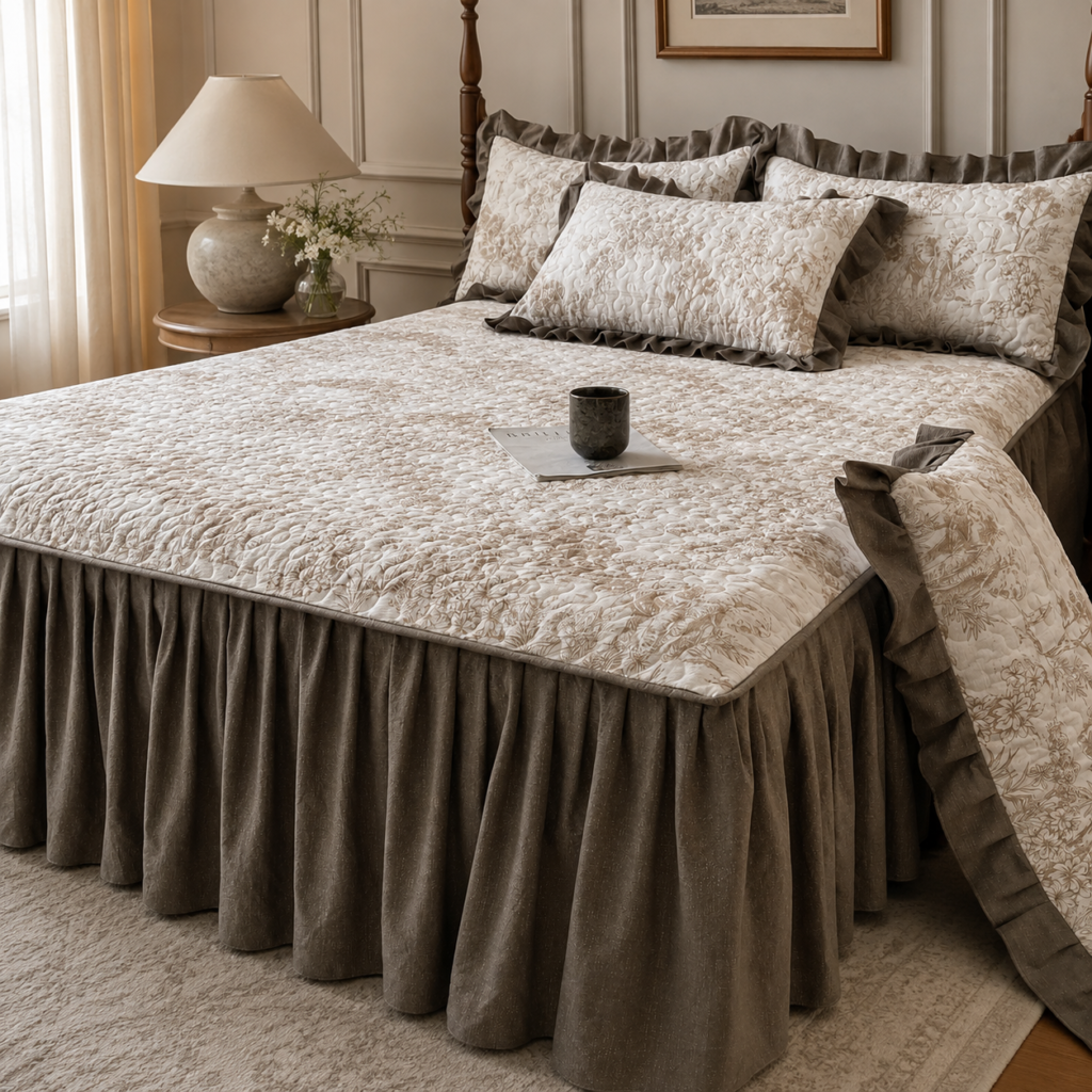 Cloud-Sense Quilted Bed Skirt Bedspread Set - Three Pieces