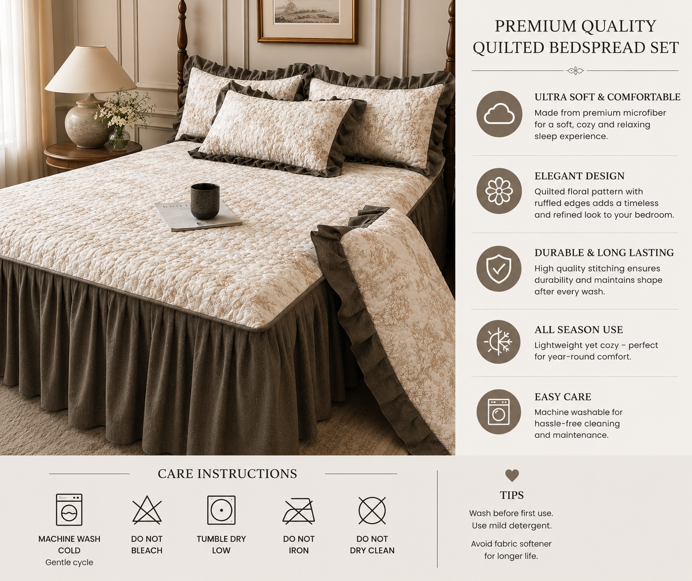 Cloud-Sense Quilted Bed Skirt Bedspread Set - Three Pieces - Image 3