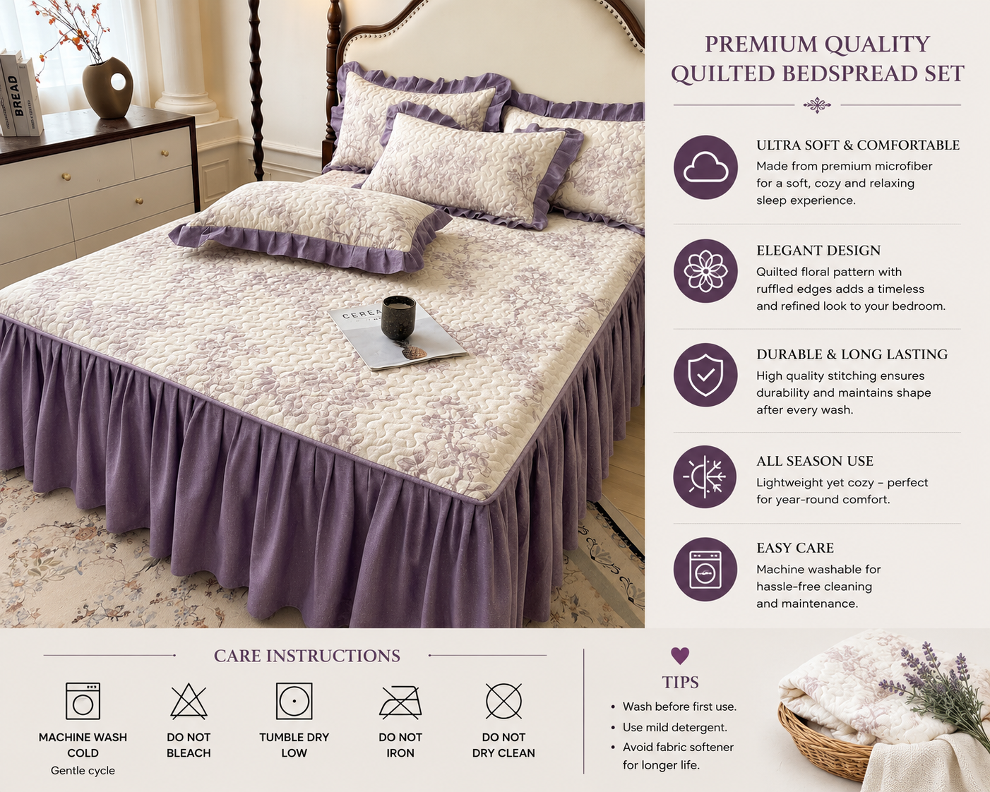 Cloud-Sense Quilted Bed Skirt Bedspread Set - Three Pieces - Image 4