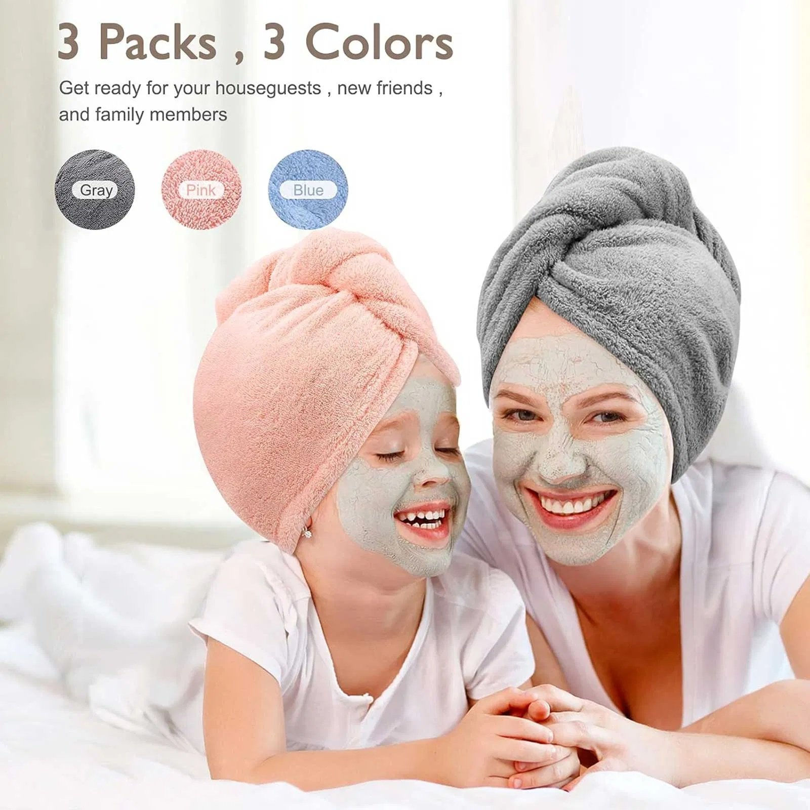 Women 3 PC Microfiber Hair Towel Wrap Ultra Absorbent Hair Turbans For Curly, Long & Thick Hair Blue,Grey,Pink - Image 3