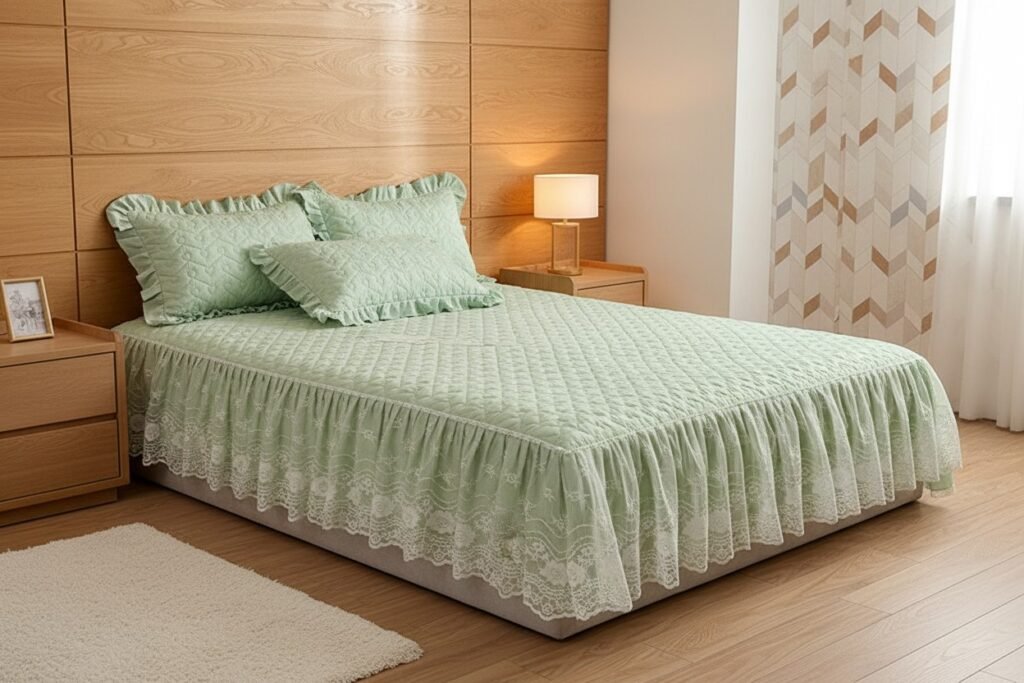 Quilted Bed Skirt Set – Elegant Lace Bedspread with Pillowcases * 2